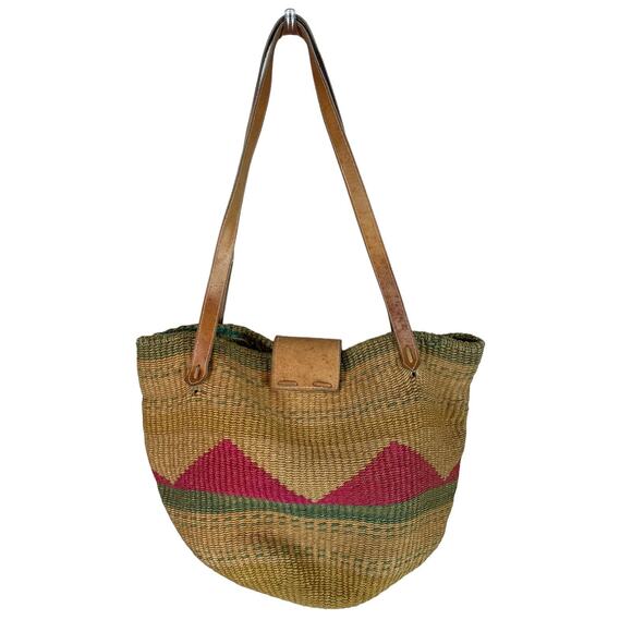Vintage Woven Sisal Jute Shoulder Bag Market Tote Leather Handles Boho Multi - Picture 5 of 10